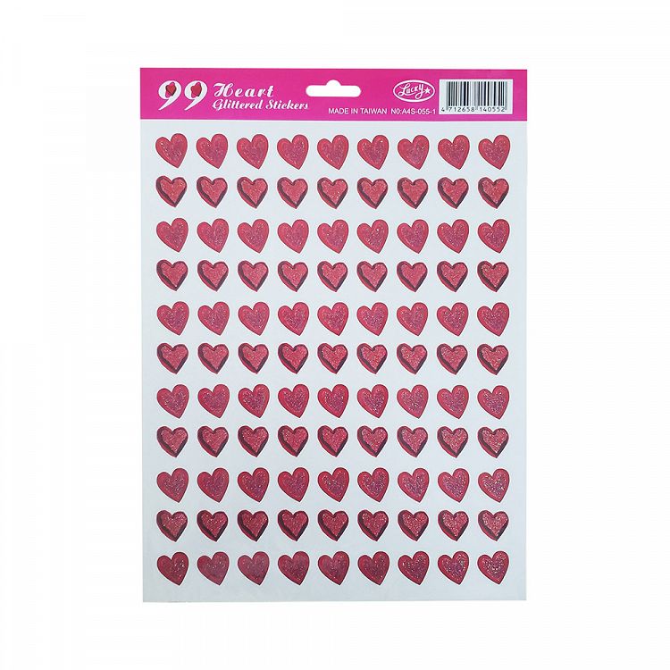 RED GLITTER HEARTS 99 Stickers in an A4 sheet